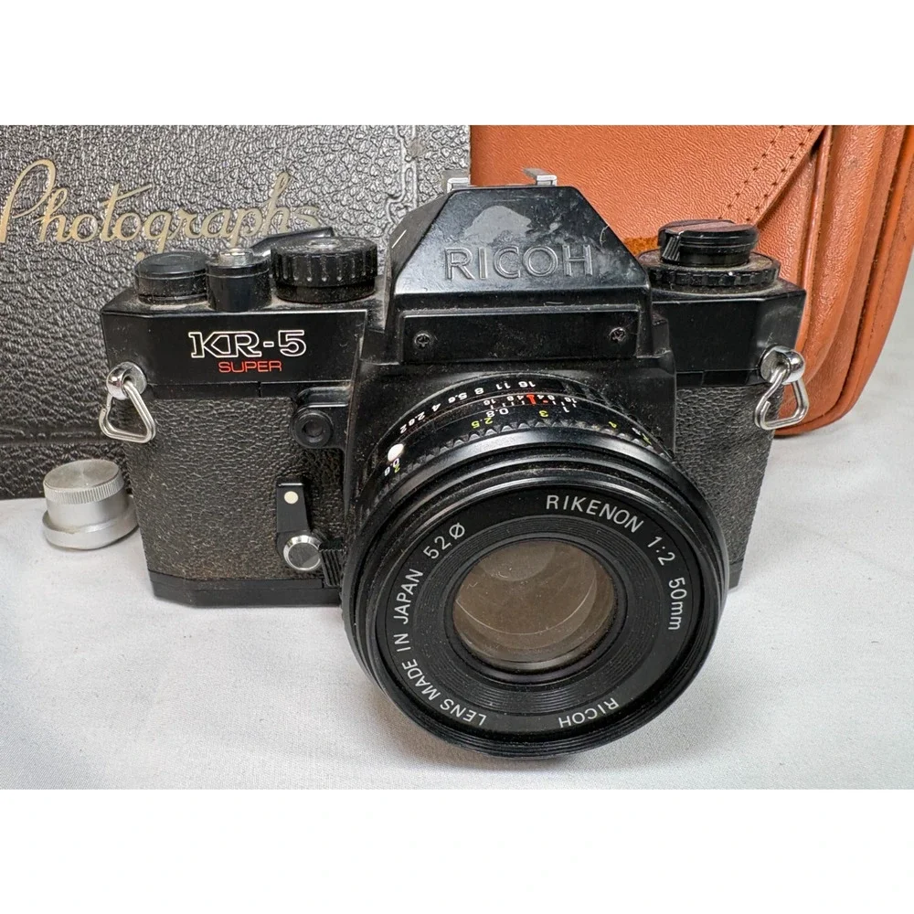 Ricoh KR-5 Super 35mm SLR Film Camera Rikenon 50mm f/2 Lens Bag Album *Untested